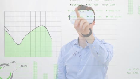 animación del procesamiento de datos financieros sobre el hombre de negocios usando auriculares vr