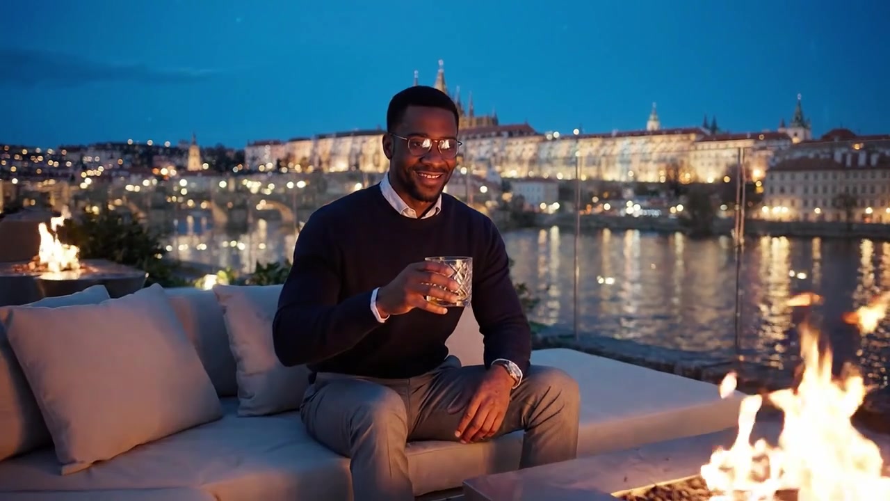 Una serata serena in riva al fiume, che mostra un uomo che si gode un momento di pace con un drink mentre ammira il paesaggio urbano illuminato al crepuscolo.