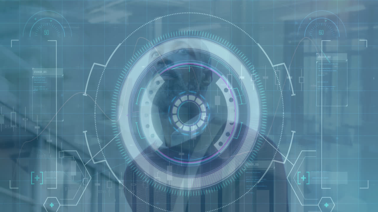 Animation of data processing and scope scanning over african amercian businessman