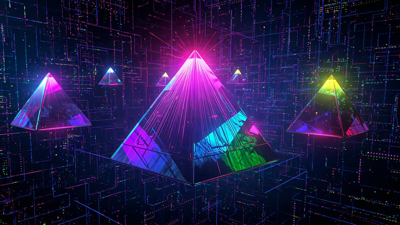 Apex glow rising glass pyramid cascading neon strands, lighting virtual grid and floating pyramids