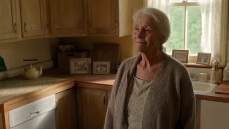 an elderly woman smiling in a cozy kitchen