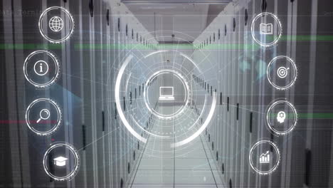 animación de la red de iconos digitales y procesamiento de datos contra la sala de servidores de computadora