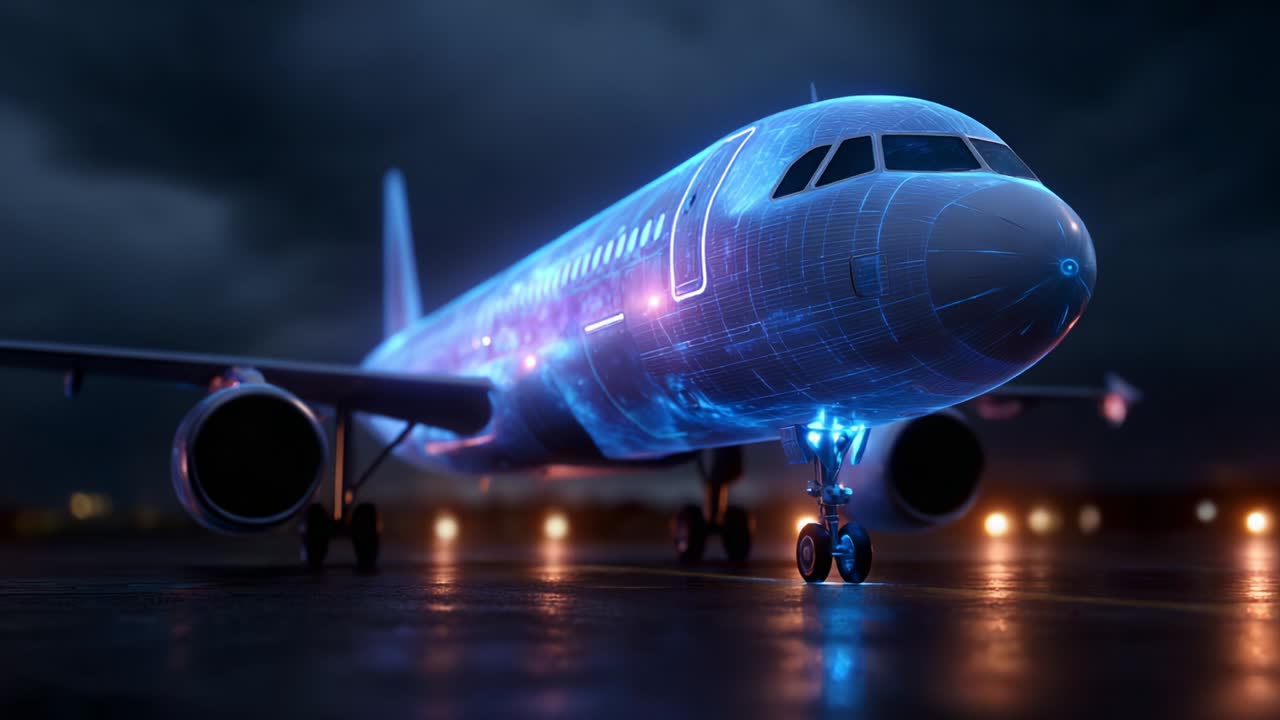 A Stunning Futuristic Aircraft Displaying Advanced Technology Illuminated by Vibrant Neon Lights as It Stands on the Tarmac Ready for Flight Against a Dark Atmospheric Backdrop
