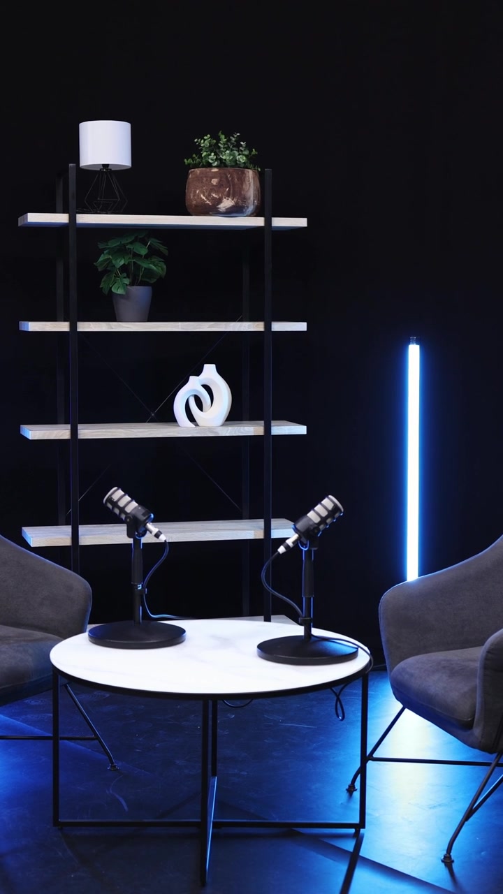 Empty Podcast Studio Ready for Recording with Blue Neon Light