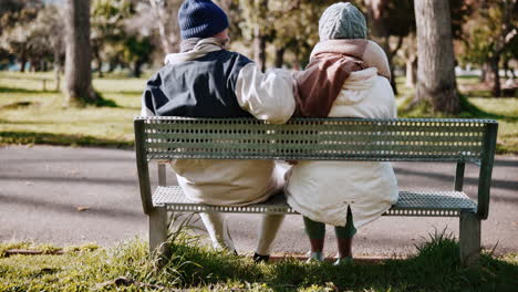 back, bench and a senior couple in the park