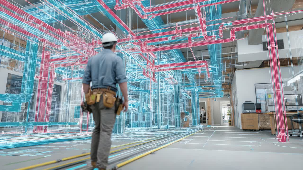 A Construction Professional Analyzing the Complex 3D Pipe and Electrical Systems within a Modern Office, Highlighted by Detailed Blueprints and Projected Visualizations