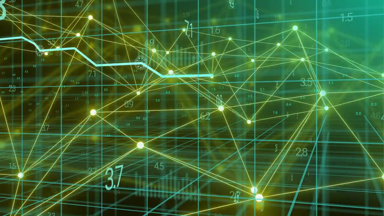 3D wireframe network visualizing incoming updates, nodes pulsing, trend line stepping down