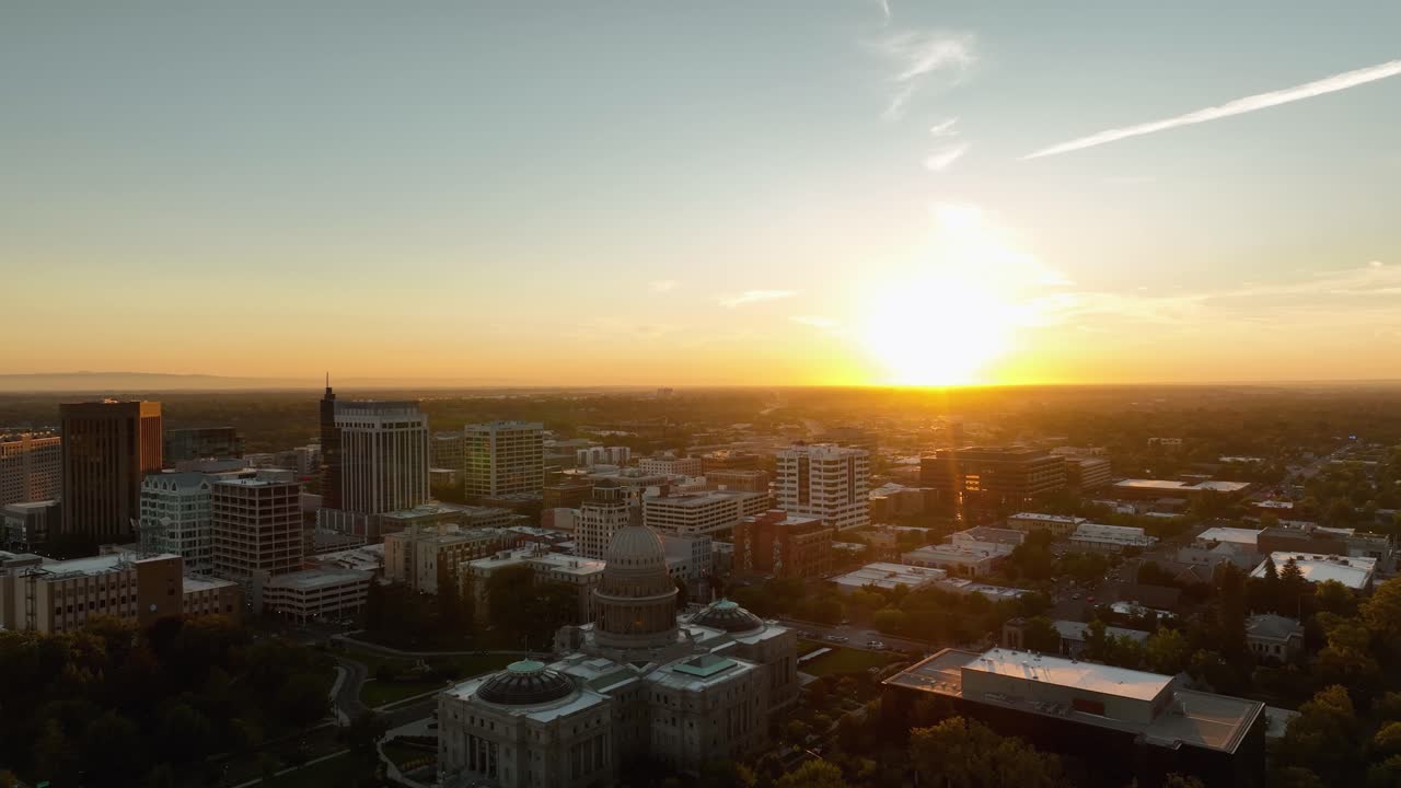Stunning aerial panorama of the Boise, Idaho skyline and State Capitol at sunset