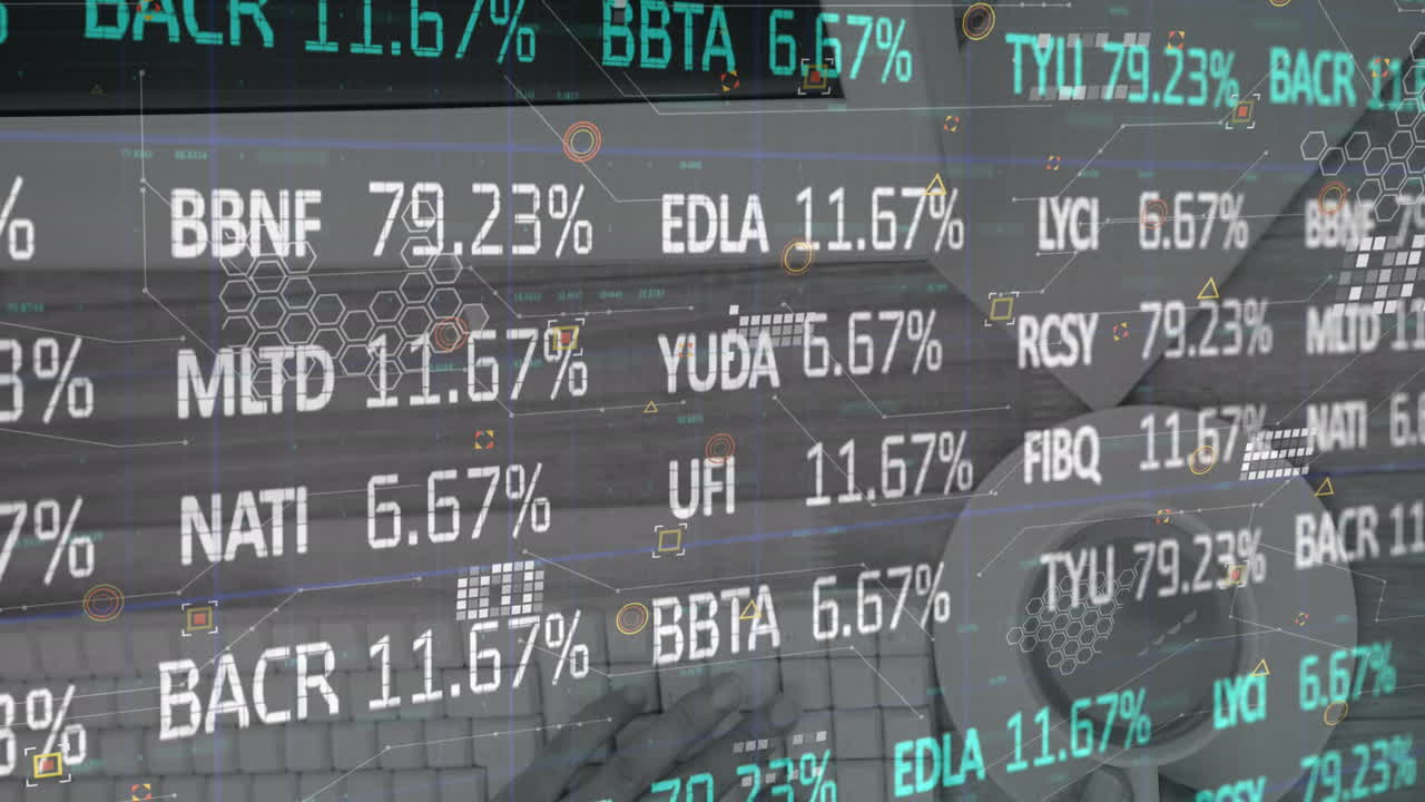 Animazione di elaborazione dati del mercato azionario su primo piano di attrezzatura da ufficio su superficie in legno.