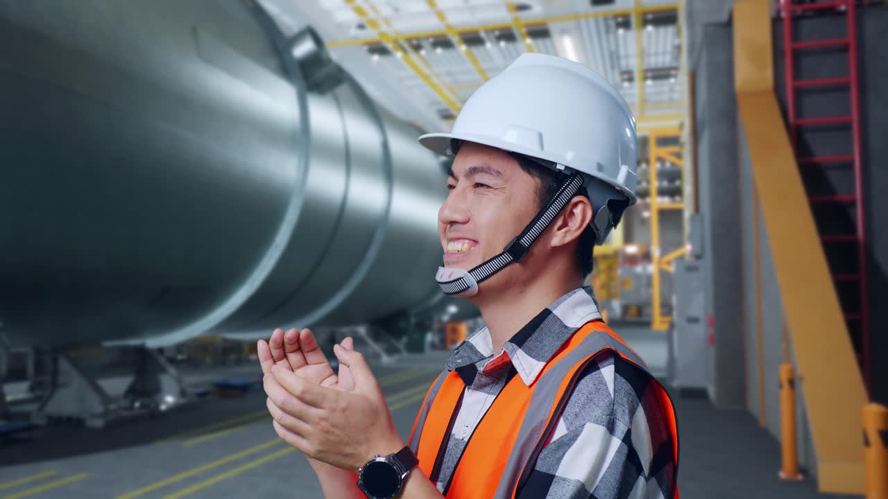 파이프 제조 공장에서 안전 헬을 착용한 아시아 남성 엔지니어가 카메라에 미소 짓고 박수를 치고 있다.