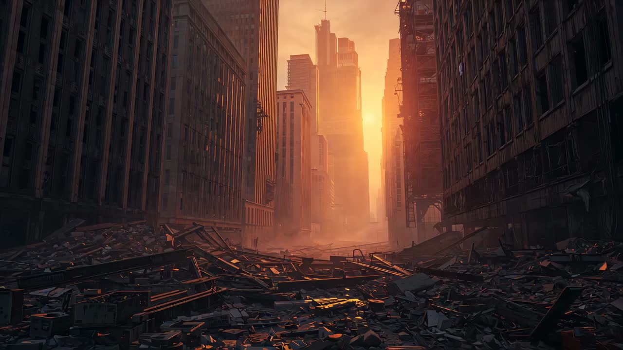 Sunset glow drawing camera gliding forward along debris-filled street, revealing twisted metal