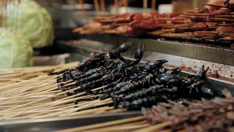 Scorpions-on-a-stick,-grilled-street-food-concept-in-Asia