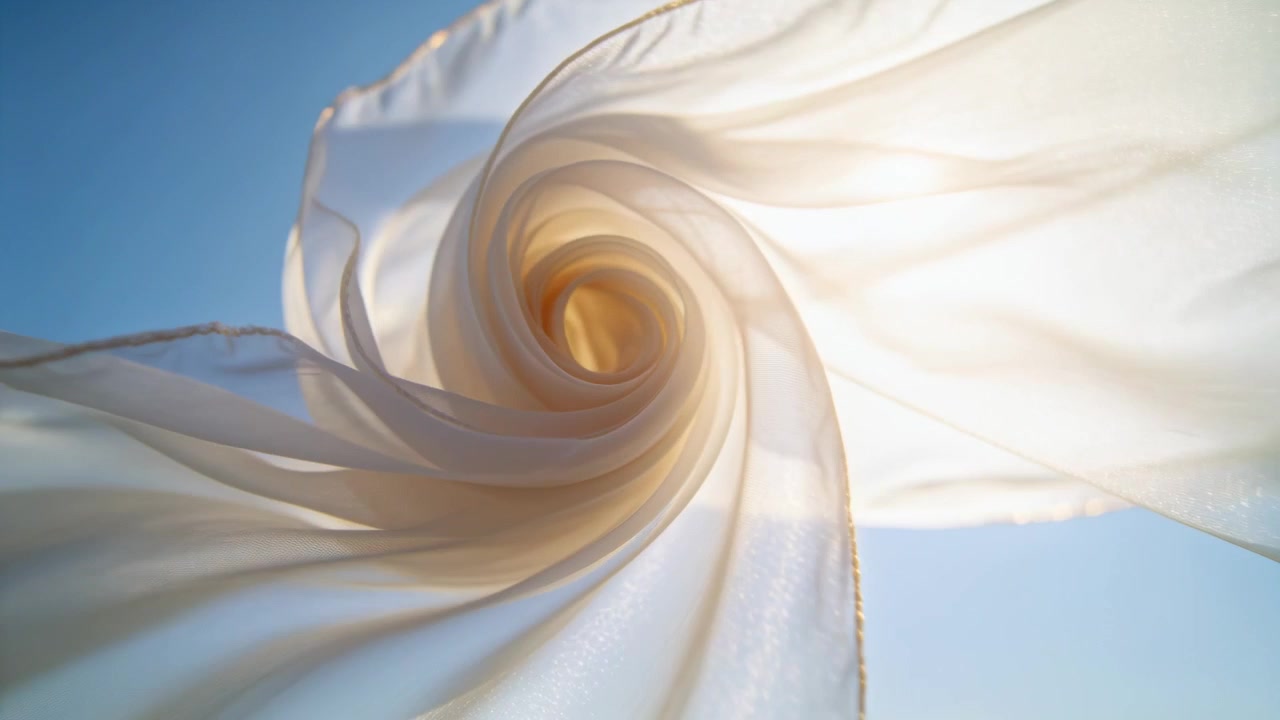 Billowing sheer fabric panel rotating from gentle breeze against blue sky, revealing gold trim