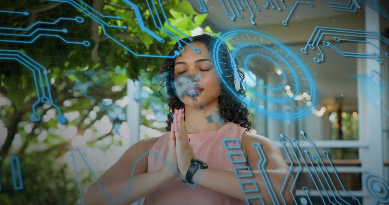 Woman initiating fitness routine wearing smartwatch headphones stretching as AR guiding meditation