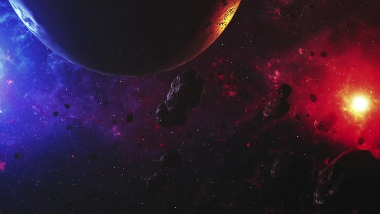 Una splendida vista dello spazio con pianeti, asteroidi e nebulose