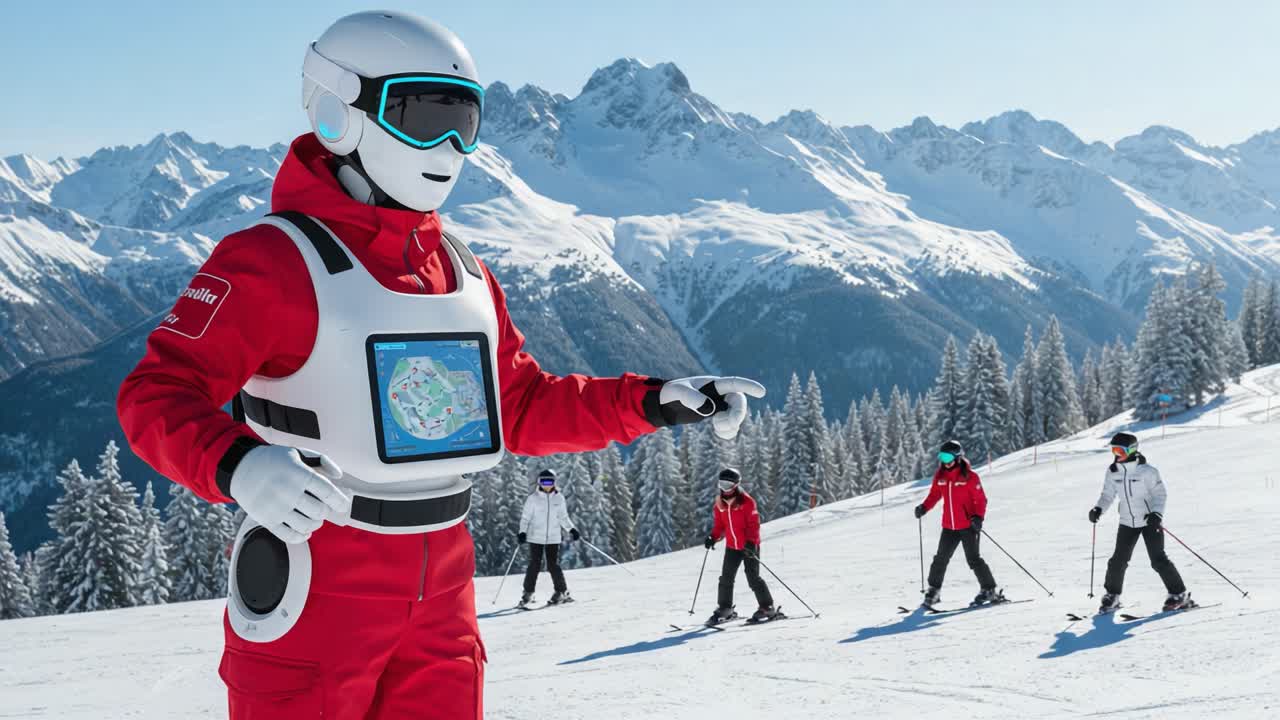 A Sophisticated Robot Ski Instructor Guides Enthusiastic Skiers Through A Beautiful Snowy Landscape In A Scenic Mountain Resort Setting
