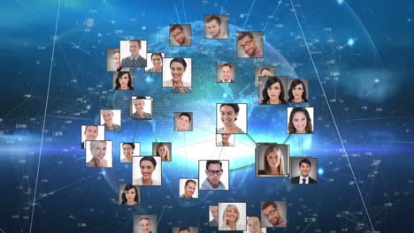 animation of globe with network of connections and business people photos