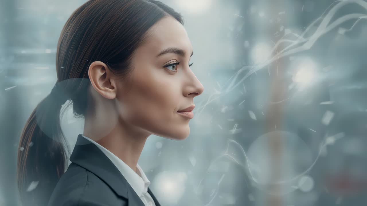 Reacting with reflections shifting, woman in dark suit lowering gaze in office near glass partition