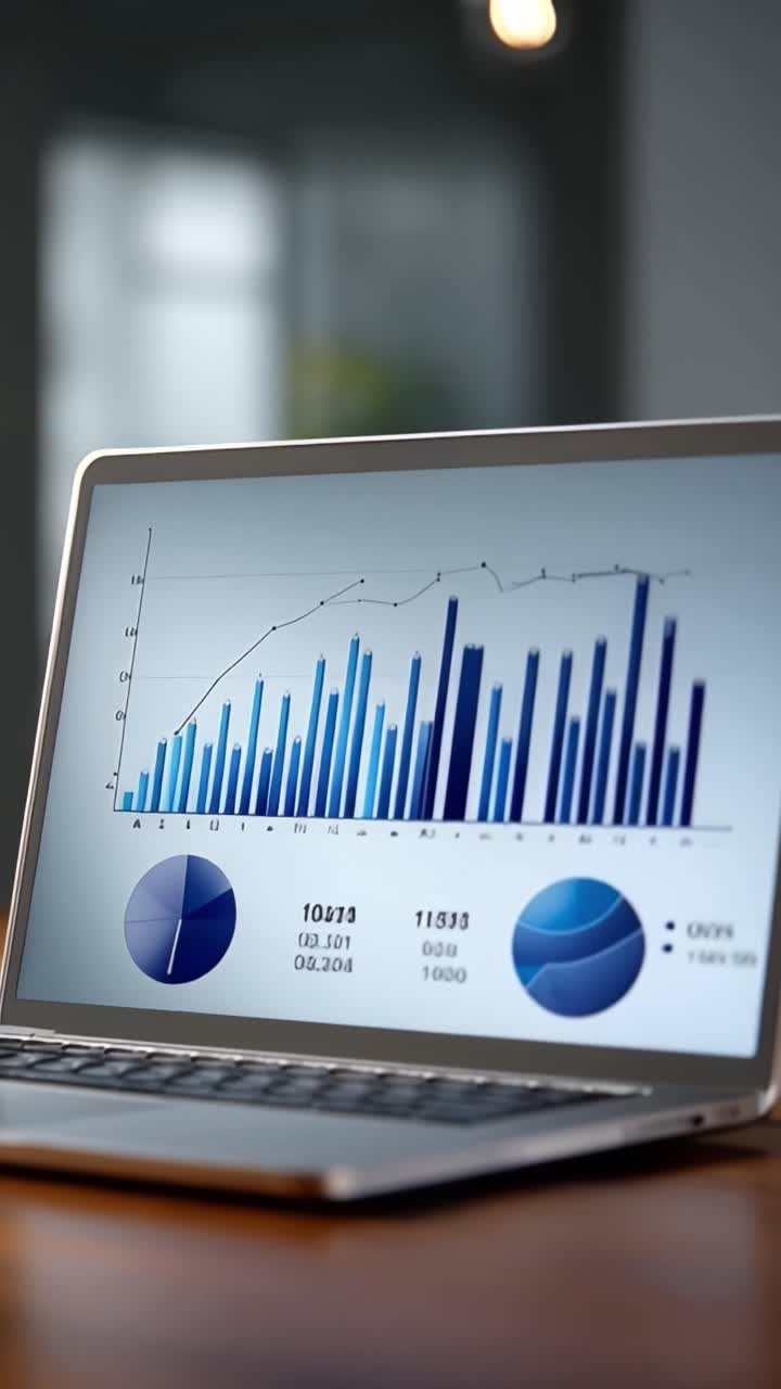 Dataanalyse og visualisering: Innsikt fra dynamiske grafer som viser trender gjennom søyle- og sektordiagrammer på en bærbar skjerm i et moderne kontormiljø.