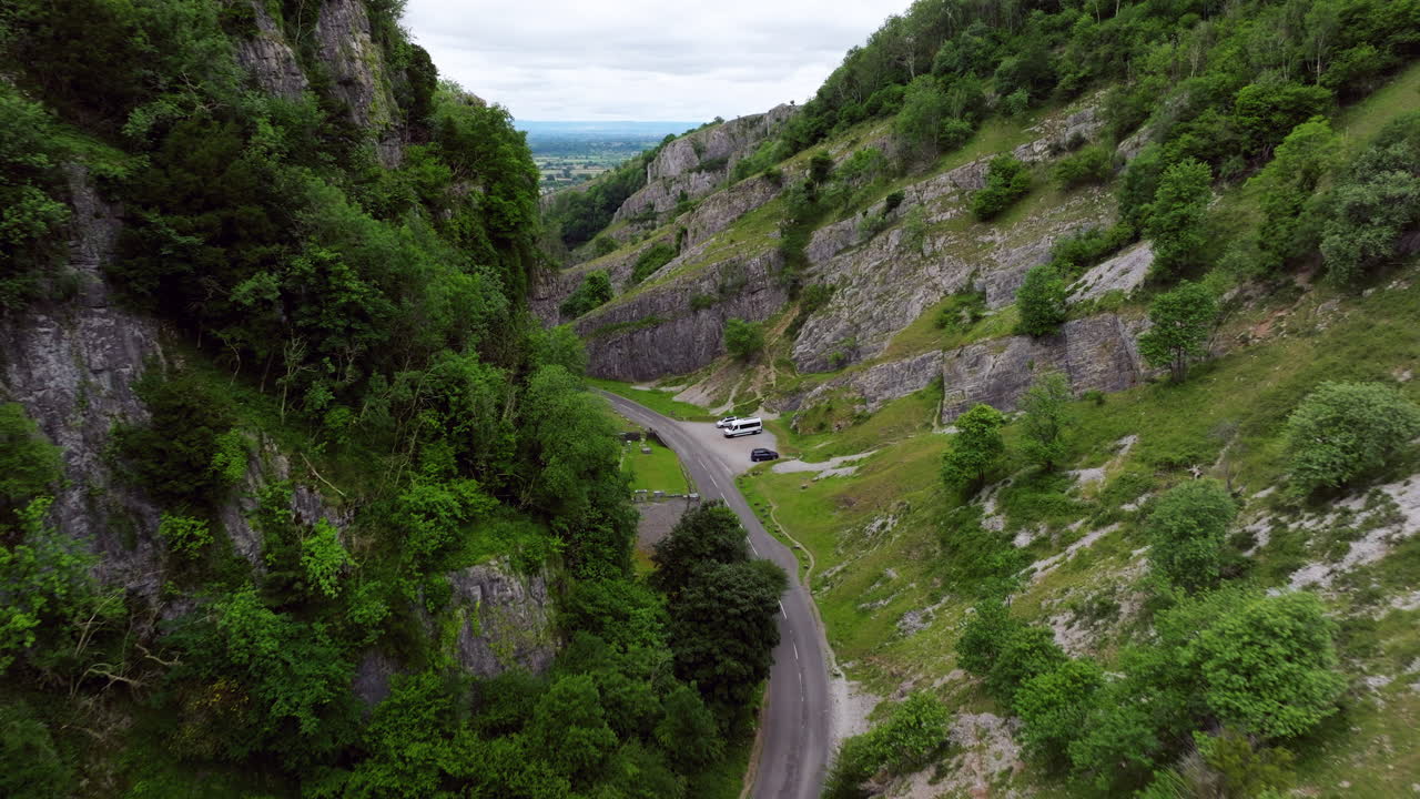Driving Across The Road Through Cheddar Gorge In Somerset, England. Aerial Shot
