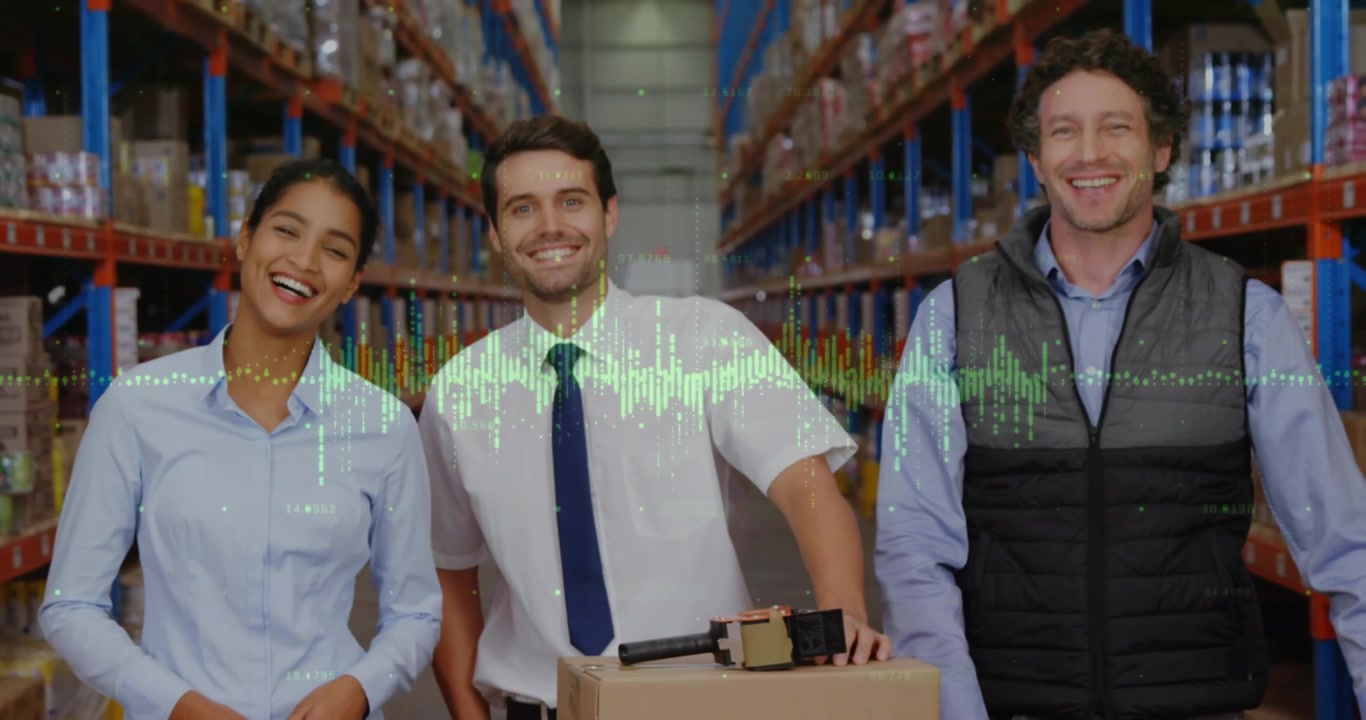 Animazione di elaborazione dati su persone diverse che lavorano in magazzino