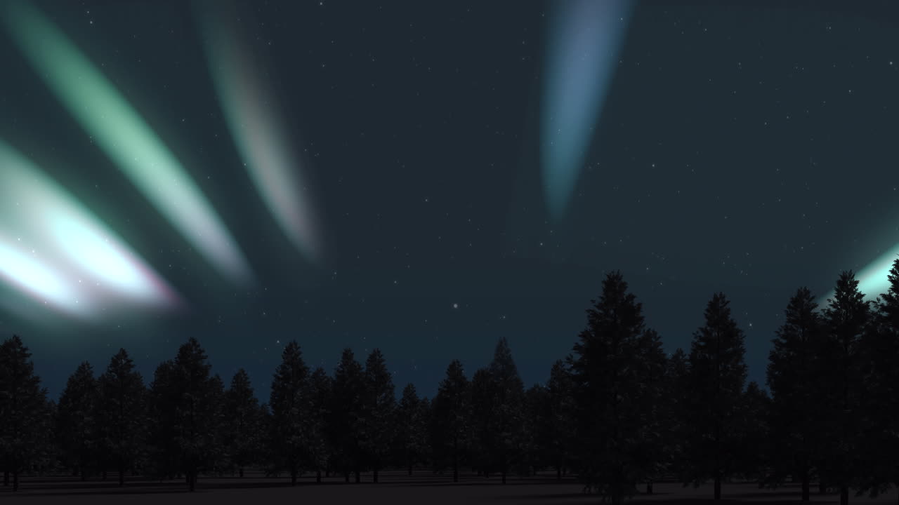 animación de la aurora boreal brillando sobre los abetos cubiertos de nieve en invierno