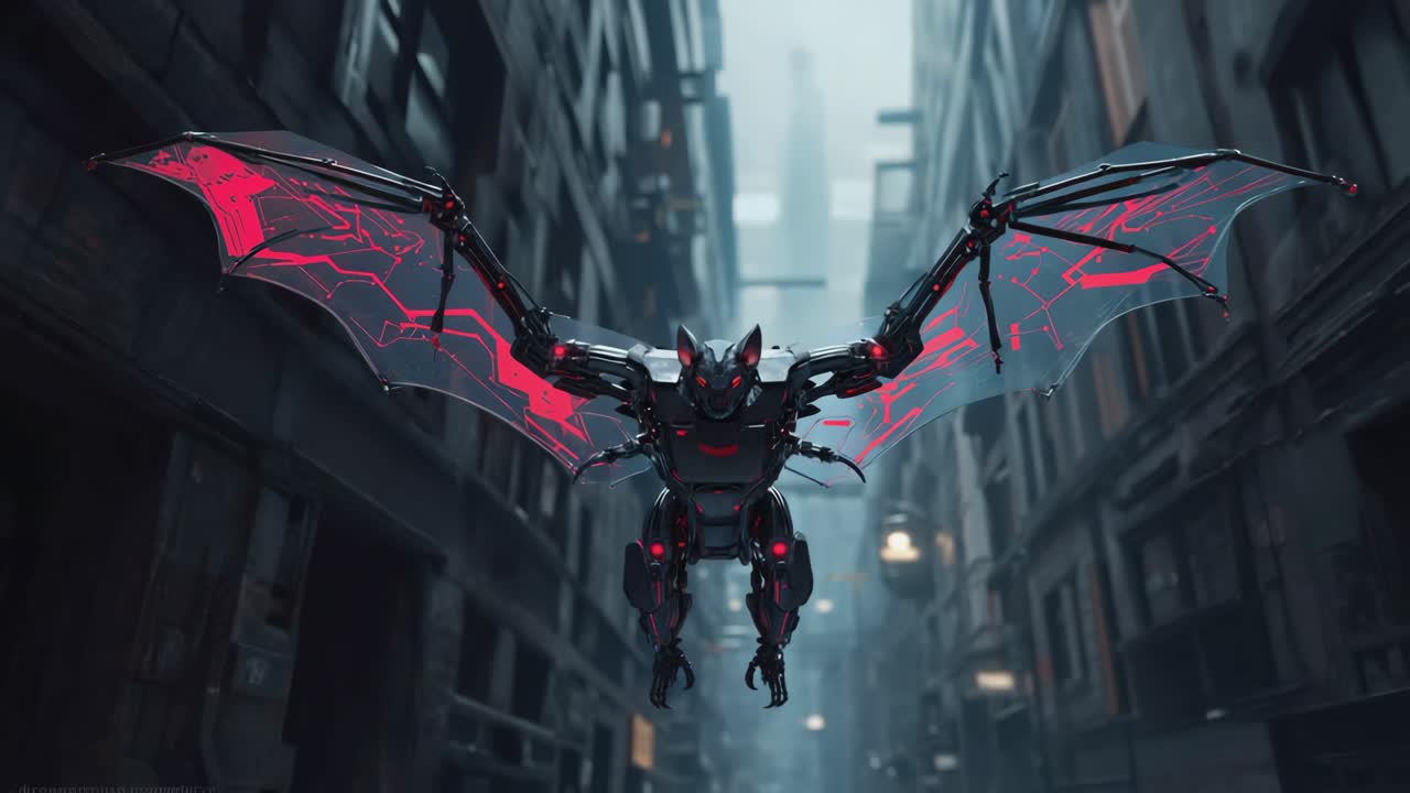 Futuristic Robot Bat Flying Through City Alley
