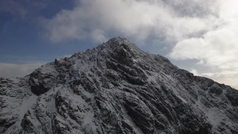 Drone-tilt-shot-revealing-snowy-Bla-Bheinn-peak-in-Isle-of-Skye