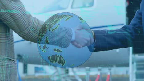 spinning globe and data processing on mid section of two businessmen shaking hands at airport runway