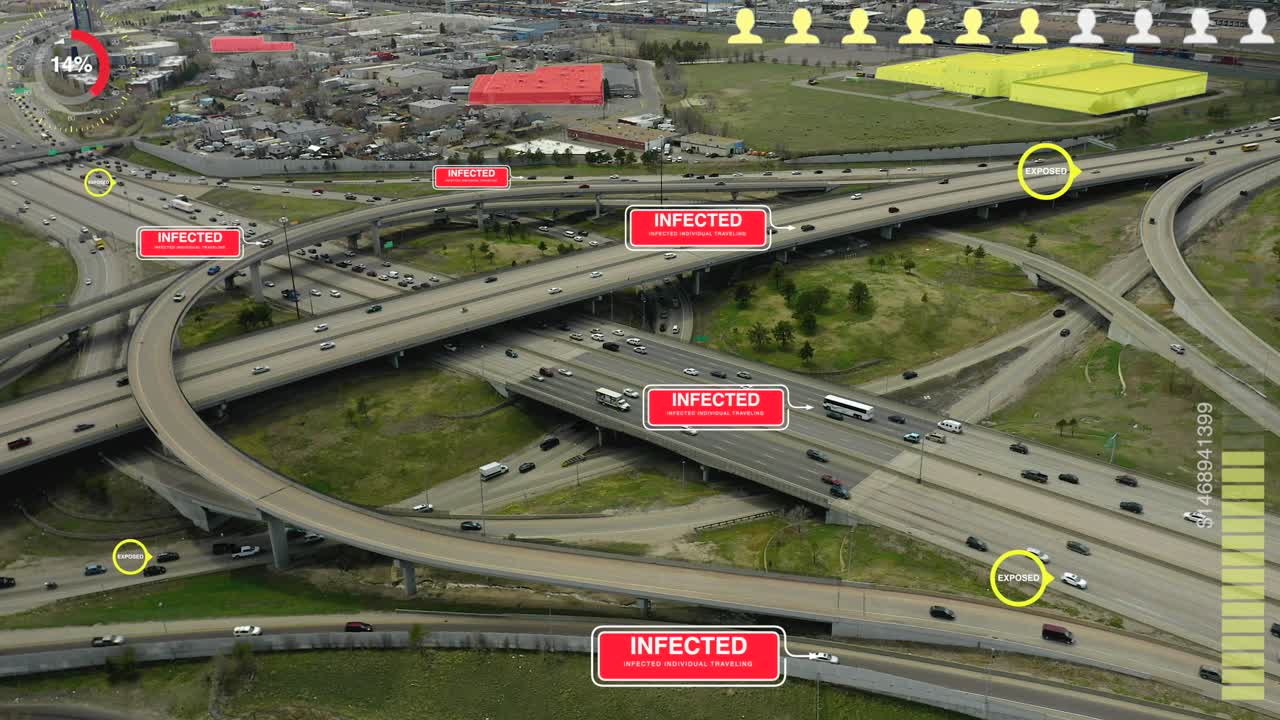 모션 그래픽은 정보와 함께 고속도로에서 가상으로 감염되고 노출된 차량을 표시합니다.