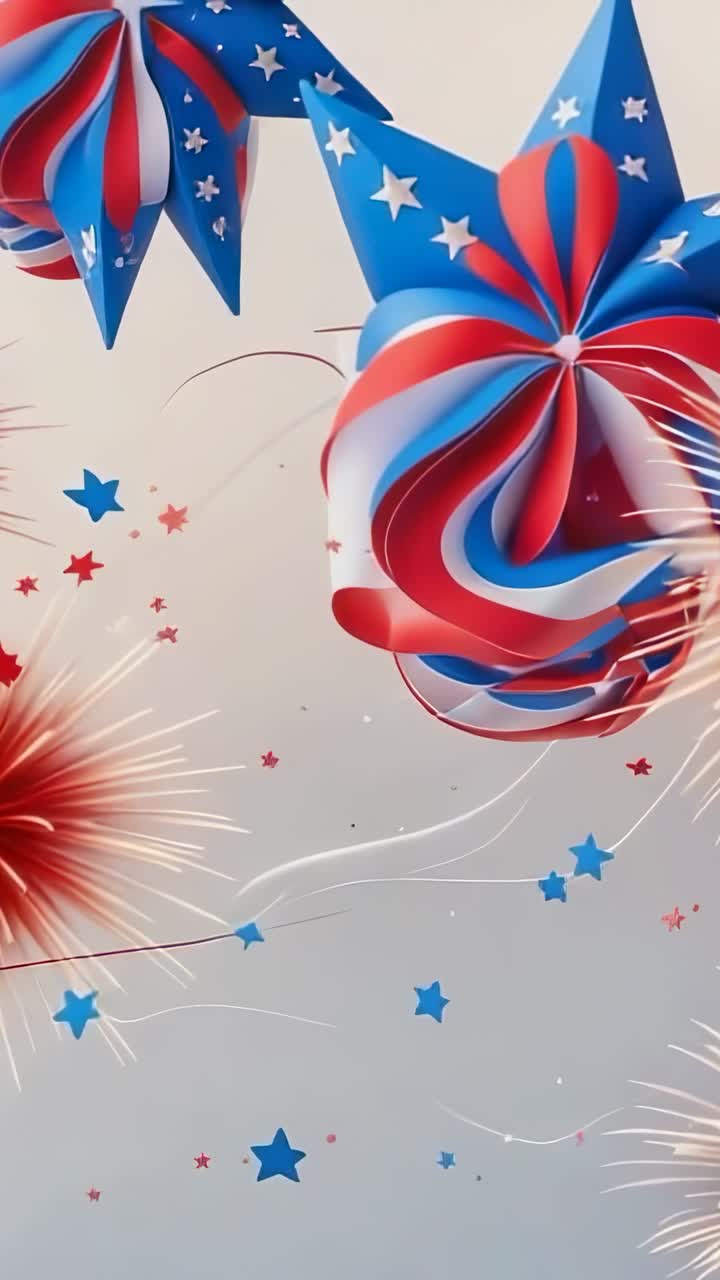 Video verticale: sfera patriottica rotante che si apre e lanterna, fuochi d'artificio pulsanti, stelle turbinanti