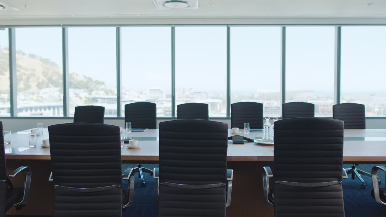 empty corporate office boardroom modern conference room with view of urban city 4k footage