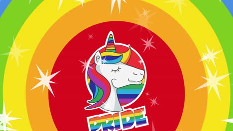 Animation-of-pride-lgbtq-text,-unicorn-and-stars-falling-over-rainbow-background