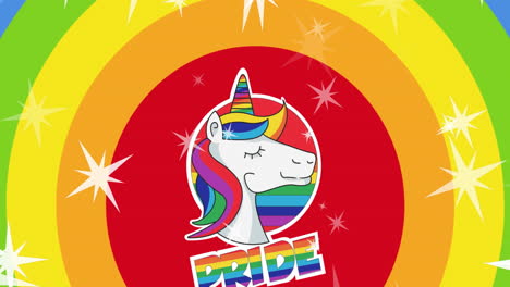 Animation of pride lgbtq text, unicorn and stars falling over rainbow background