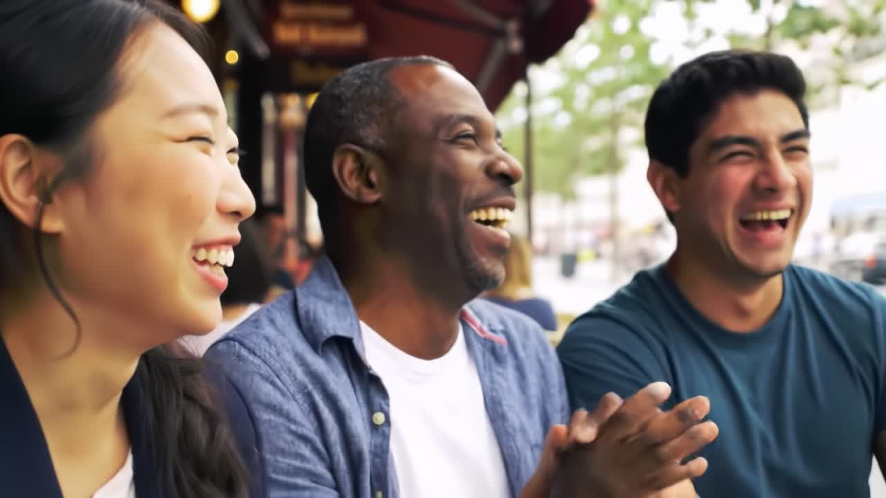 Joyful Moments Shared: A Diverse Group of Friends Enjoying Laughter and Connection at a Casual Outdoor Gathering in a Bright Urban Setting