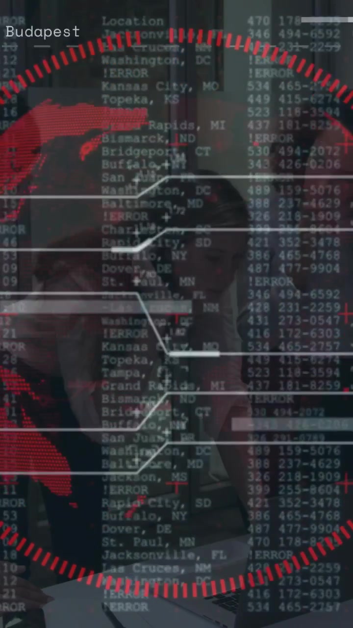 Vertical video: Man typing on laptop, team pointing, starting red map and ERROR data for security
