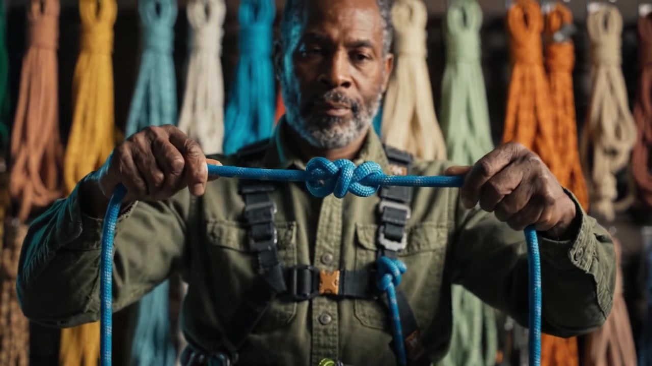 A Skilled Individual Demonstrates Rope Knotting Techniques Against a Colorful Background of Various Climbing Ropes and Gear, Showcasing Expertise in Safety and Craftsmanship