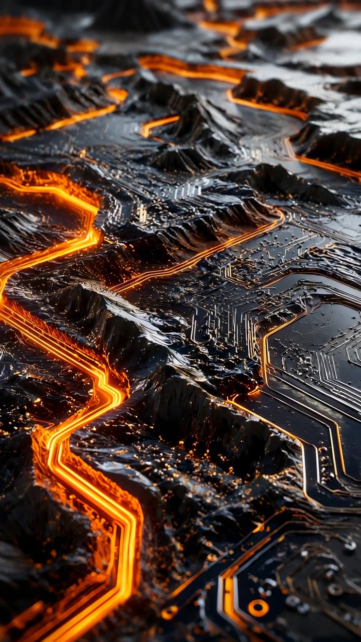 Close range motion shows glossy black circuit landscape with neon orange emissive channels winding through raised ridges, shallow valleys, rising sparks, and reflective wet surface texture