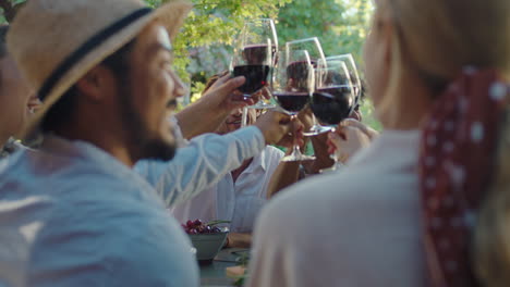 grupo de amigos haciendo un brindis celebrando la reunión cena fiesta bebiendo vino sentados a la mesa charlando compartiendo estilo de vida gente relajándose al aire libre 4k metraje
