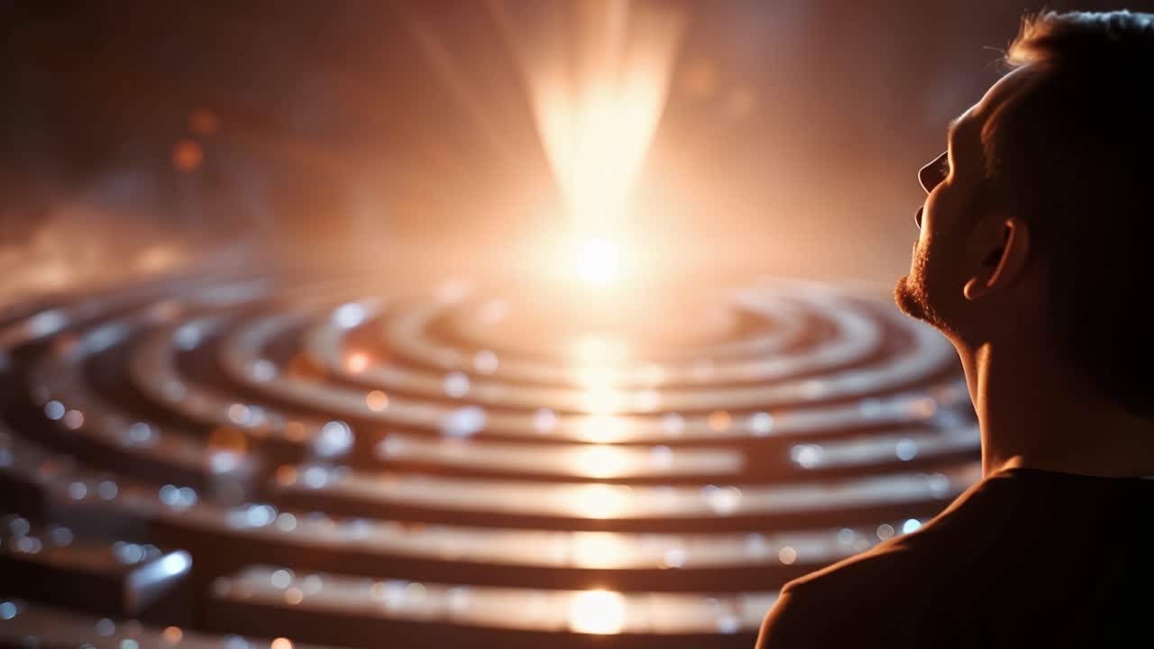 Silhouetted figure stands before glowing circular pattern. Radiant light pulses from center, illuminating concentric rings. Person gazes upward, eyes reflecting awe and wonder. Scene evokes mystery