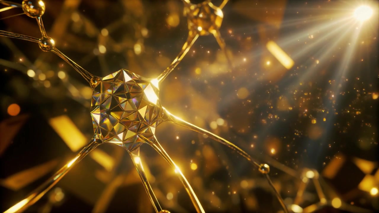 Struttura astratta di rete neurale dorata con particelle fluttuanti