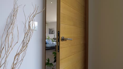 slow revealing shot of a living room decorated with indoor plants through a doorway