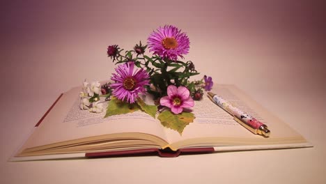 Nahaufnahme-Von-Blumen-Und-Stift-Auf-Dem-Buch