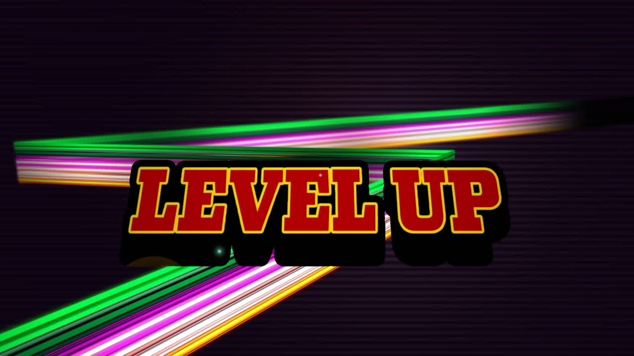 Animation of level up text in red letters over neon flash