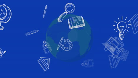 animación de iconos escolares flotando sobre un globo azul y un fondo azul