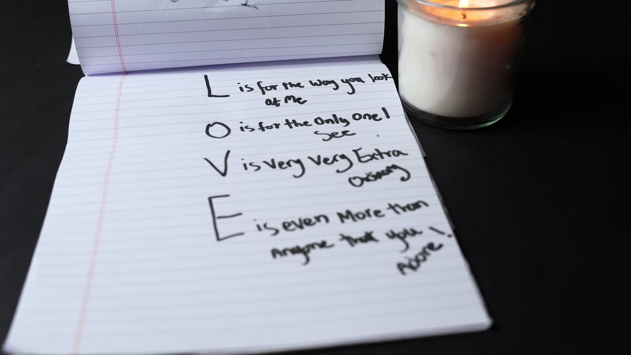 Close-up of hands turning notebook page with handwritten romantic poem beside lit glass candle, cozy low-light indoor setting with warm glow and dark background