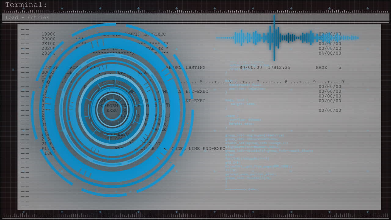 Animation of blue circular data visualization with sound wave on digital interface
