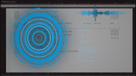 animation of blue circular data visualization with sound wave on digital interface