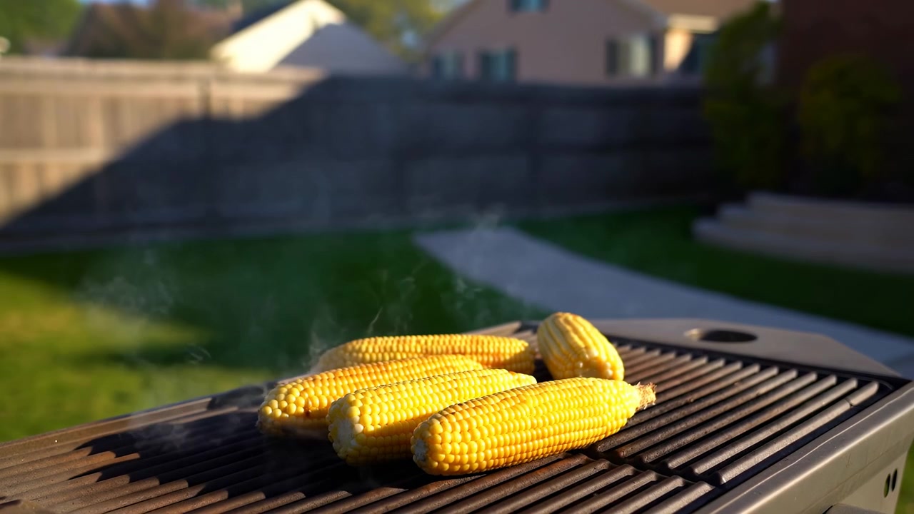 Three ears of corn roast on a metal grill grate in a sunny backyard, with light smoke rising and a blurred garden fence and house in the background under warm