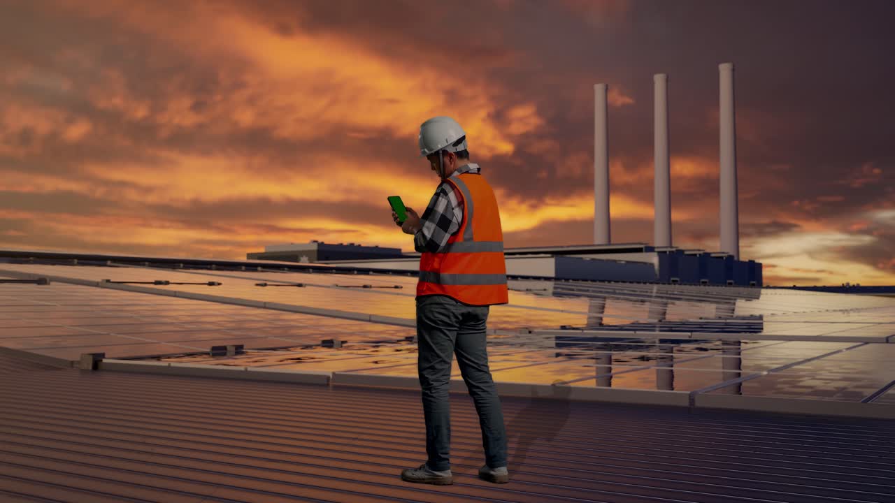 Full Body Back View Of Asian Male Engineer With Safety Helmet Working On A Green Screen Smartphone And Looking Around While Standing, Inspecting Solar Panels on Rooftop at Sunset